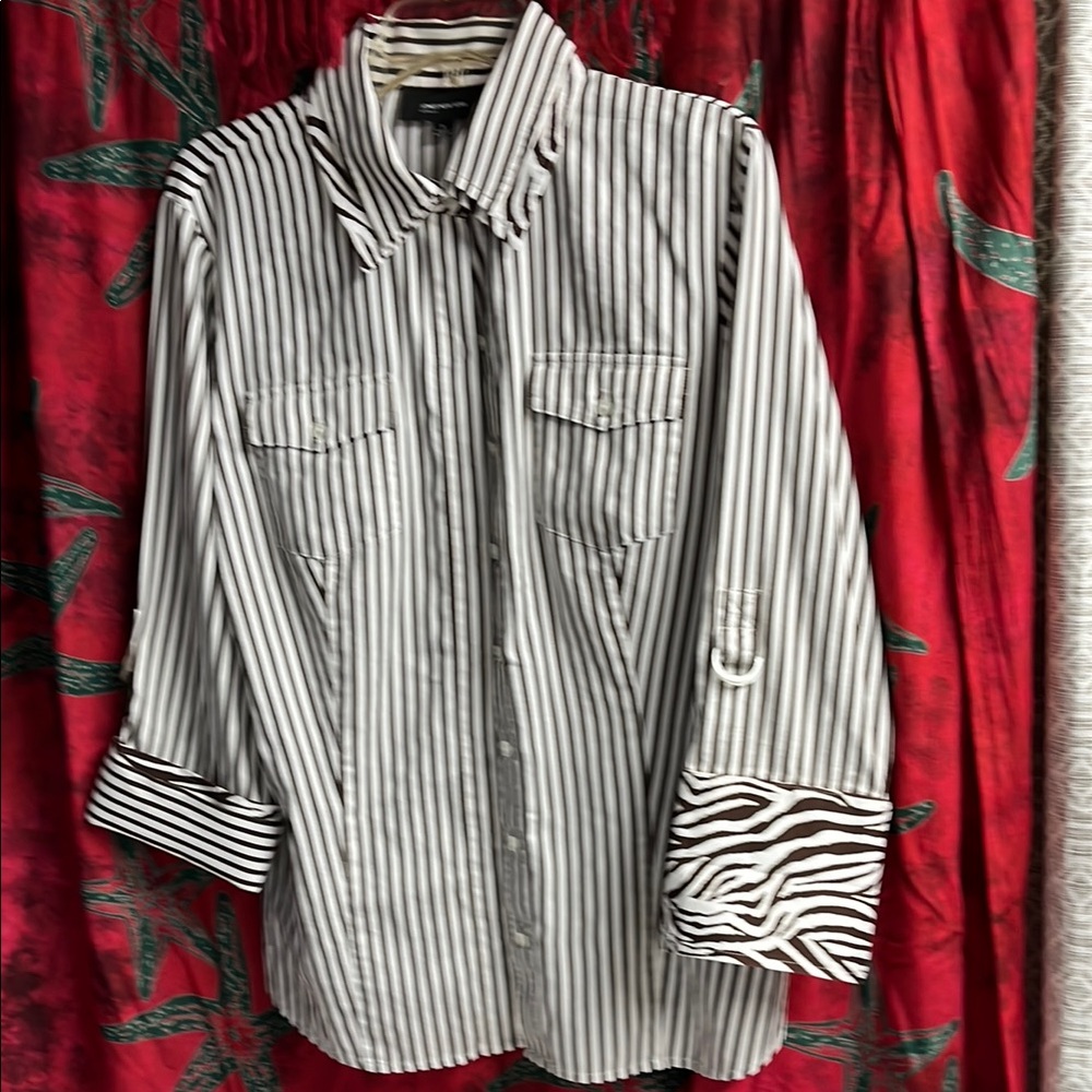 Jones New York Brown and White Striped Button Down Shirt